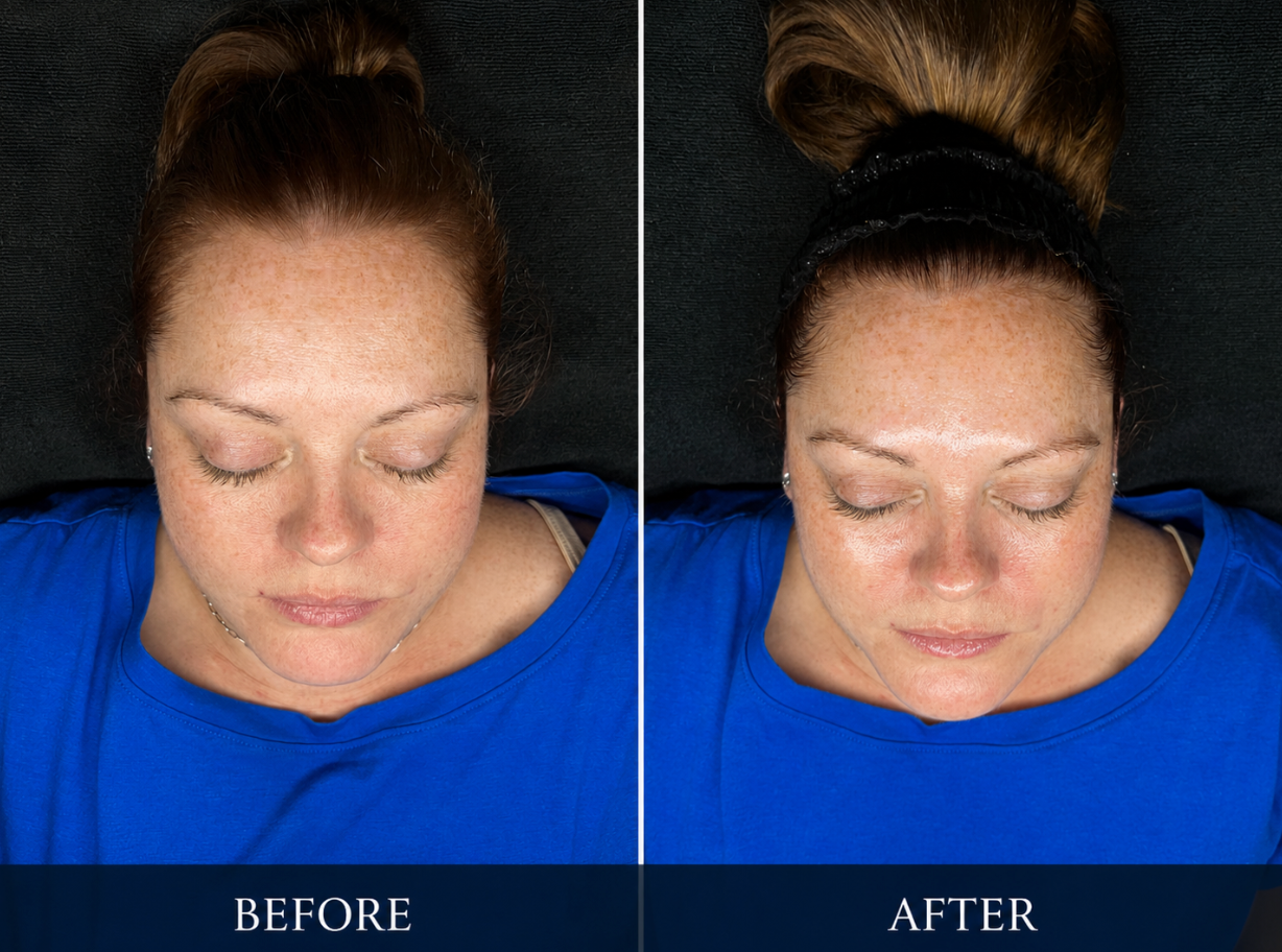 Side-by-side before and after photos of a woman’s face, showing skin improvement and reduced redness