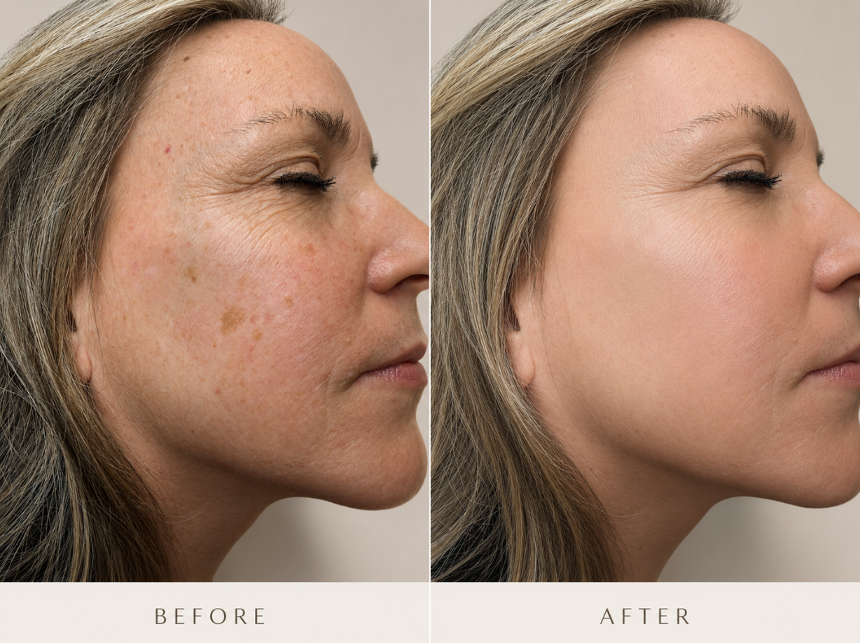 Side-by-side facial profile comparison labeled “Before” and “After,” showing smoother skin and reduced blemishes.