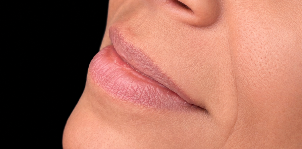 Close-up of lips and chin with natural pink lipstick against a black background