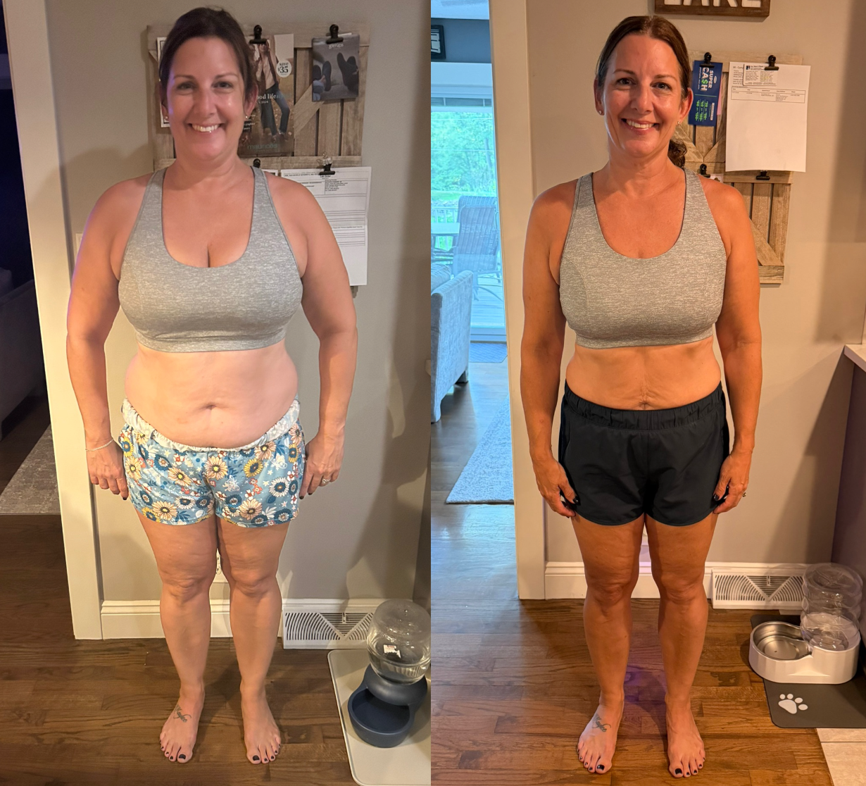 Side-by-side progress photos of a smiling woman in a gray sports bra and shorts indoors.