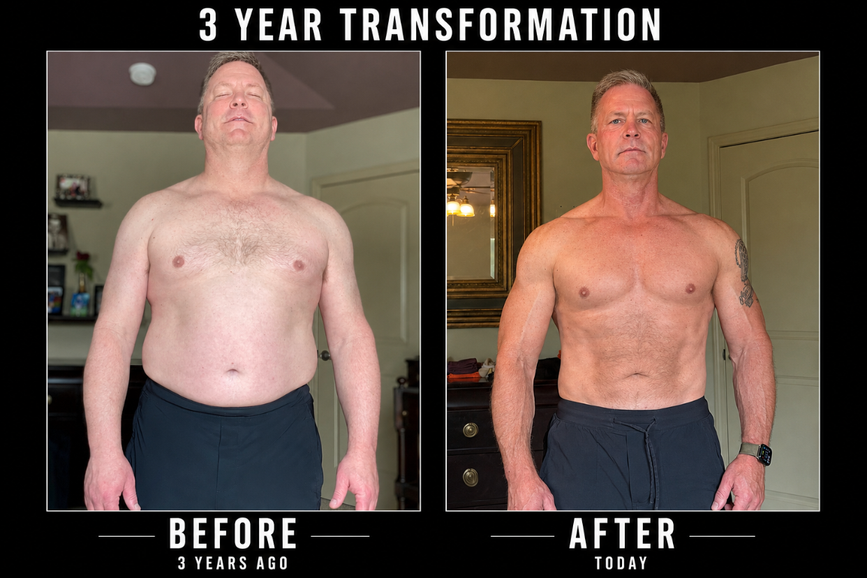 Side-by-side before-and-after fitness transformation of a shirtless man, from heavier to leaner.
