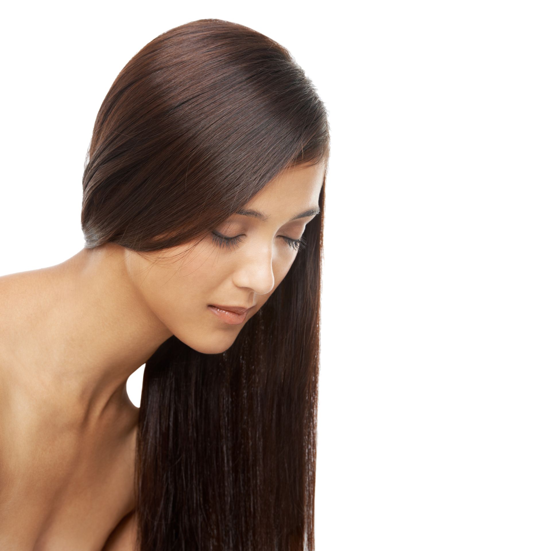 A woman with long hair is looking down with her eyes closed