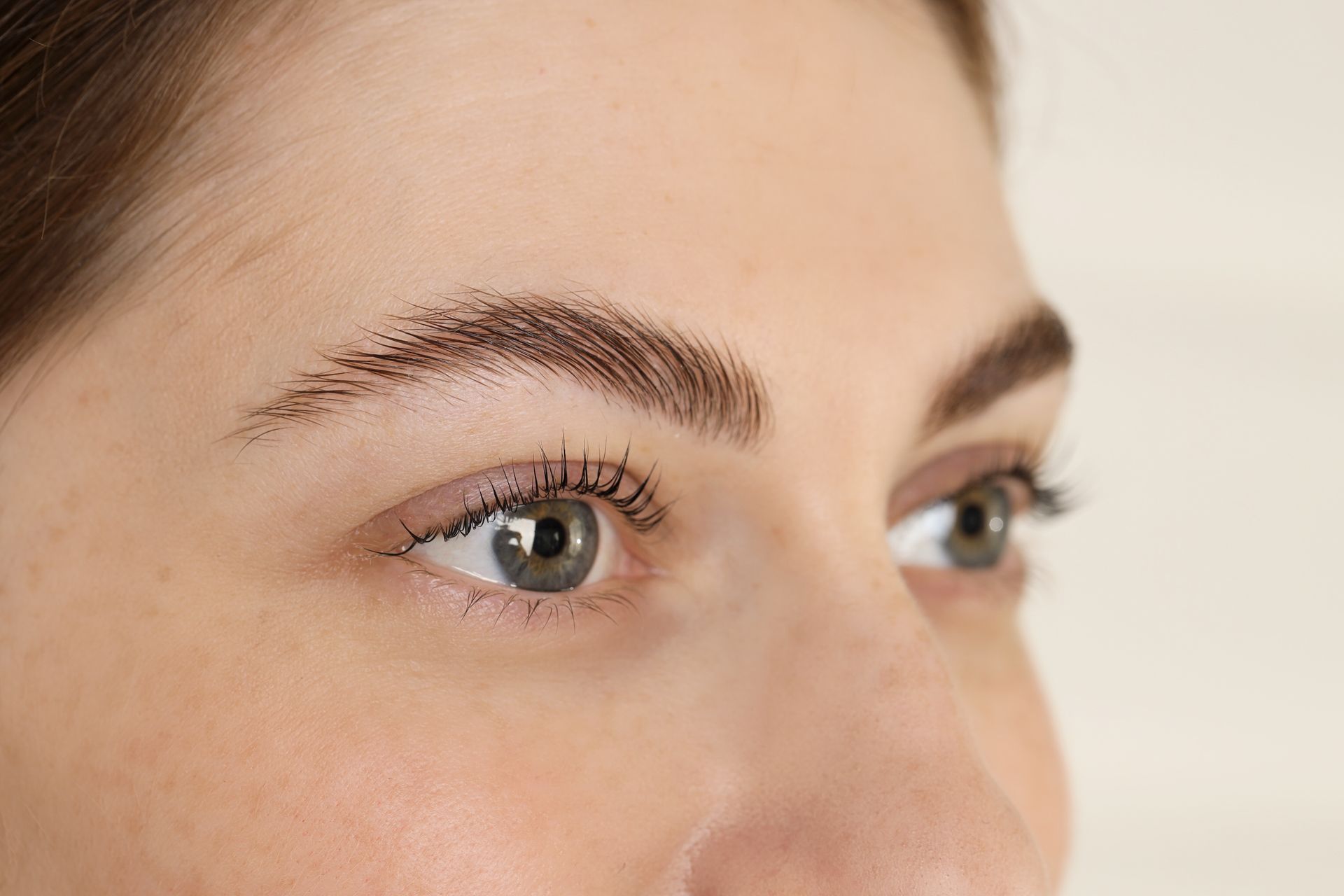 Close-up of a person's eyes and eyebrows, with the brows neatly shaped and filled.