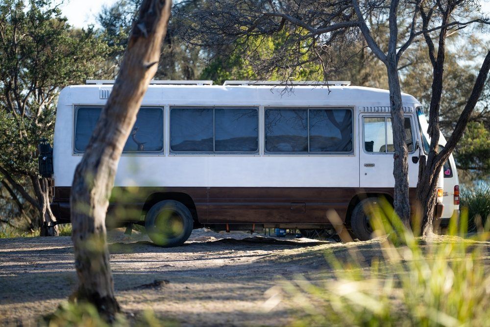 A White Bus is Parked in a Parking Lot Surrounded by Trees — Dempsters Caravan & RV in Maryborough, QLD