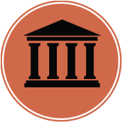 Black silhouette of a building with columns, inside a rust-colored circle with a white border.