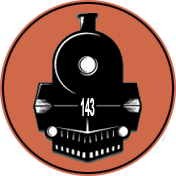 Black train silhouette with the number 143 inside an orange circle.