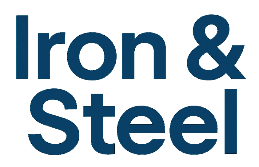 Logo Iron & Steel in blu scuro su sfondo bianco.