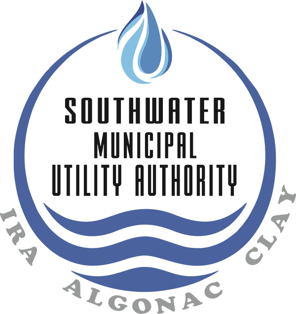 Southwater Municipal Utility Authority logo with blue water droplet and waves, IRA, ALGONAC, CLAY text.