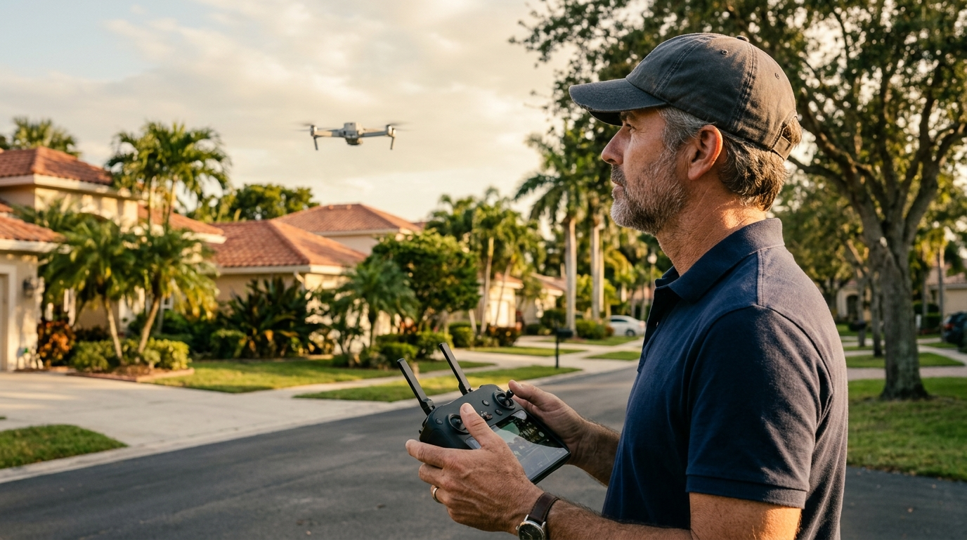 Commercial drone pilot with controller and quadcopter over a Florida neighborhood at golden hour