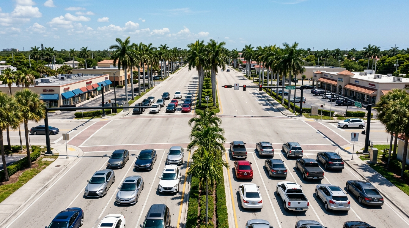 A car driving on a palm-tree-lined road in Boca Raton, Florida on a sunny afternoon