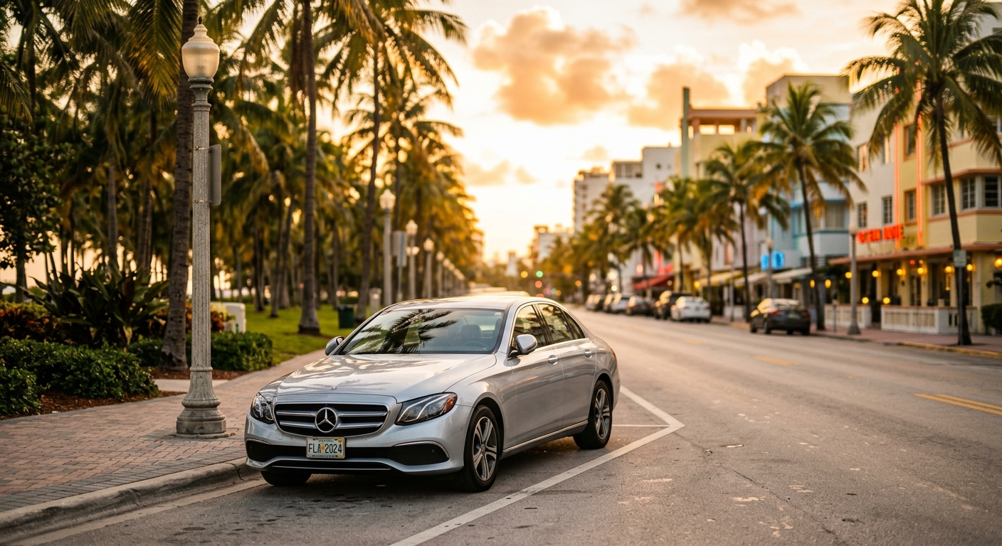 Florida driver on a sunny Boca Raton highway with palm trees lining the road and modern office buildings in the background