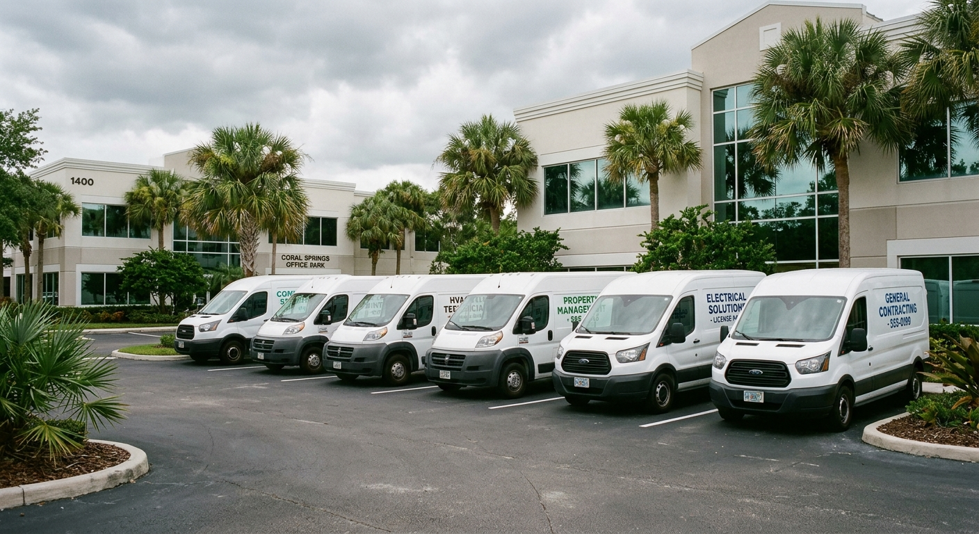 A row of white commercial vans parked in a sunny South Florida business lot with palm trees in the background