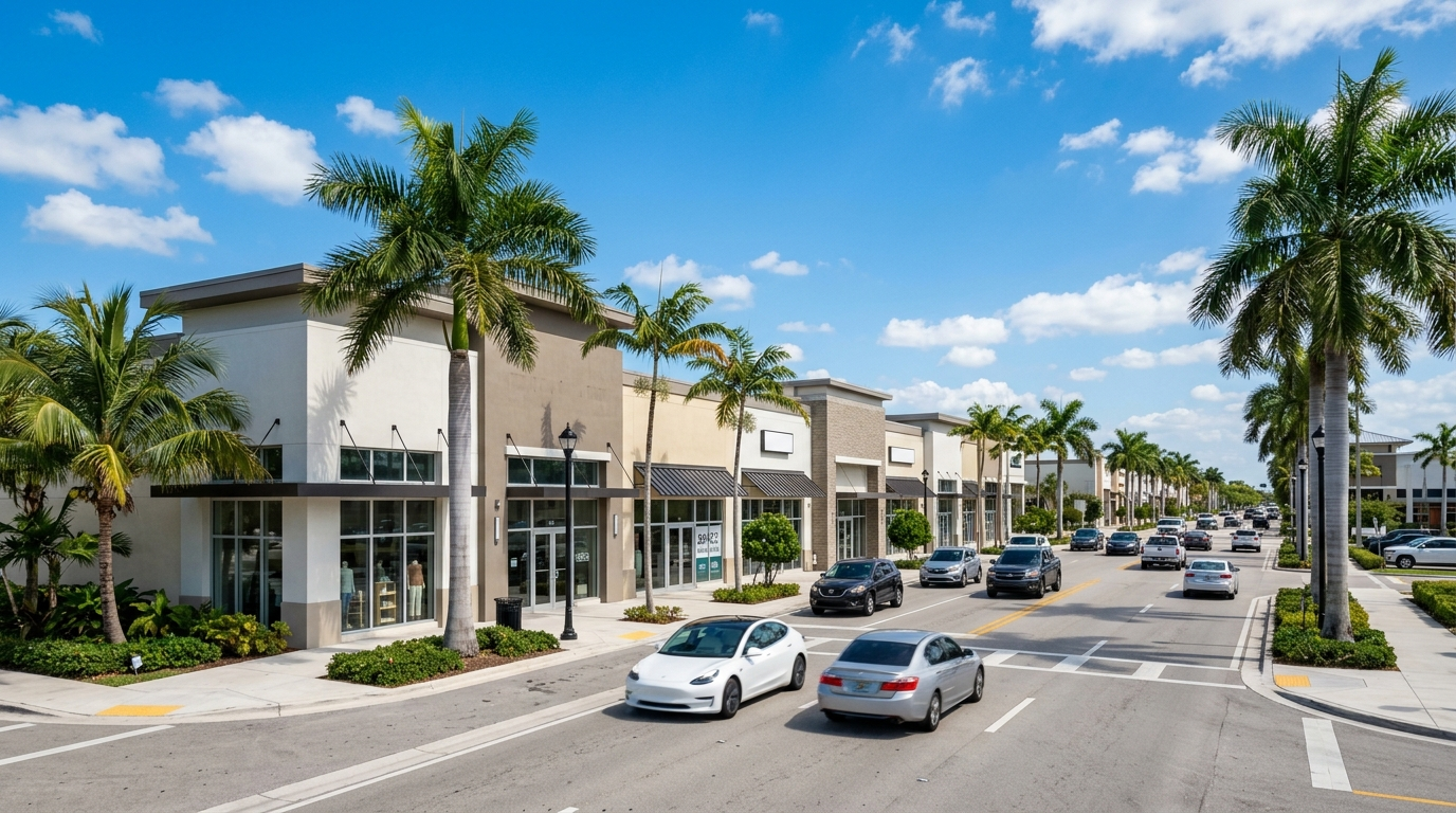 Aerial view of Boca Raton commercial district with palm trees and blue sky, showing mixed retail and office buildings near