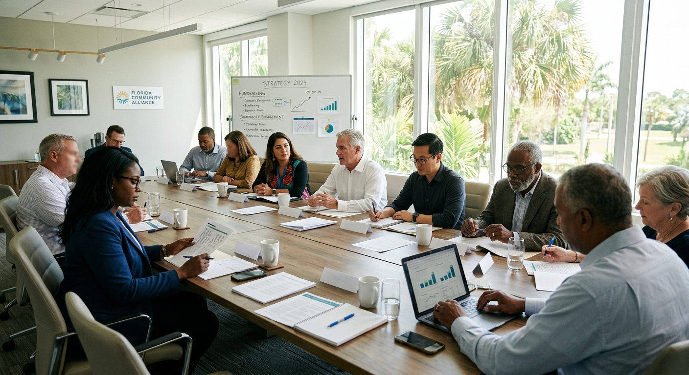 Florida nonprofit board members seated around a conference table reviewing documents during a governance meeting