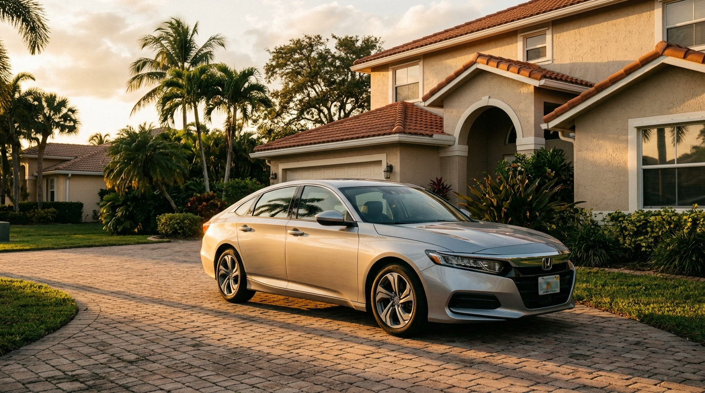 Silver sedan parked in a Boca Raton driveway in late afternoon golden light