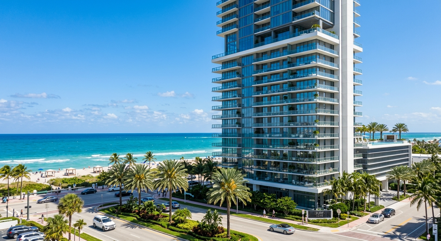 Aerial view of beachfront Florida condo towers with palm trees and blue sky on a sunny day