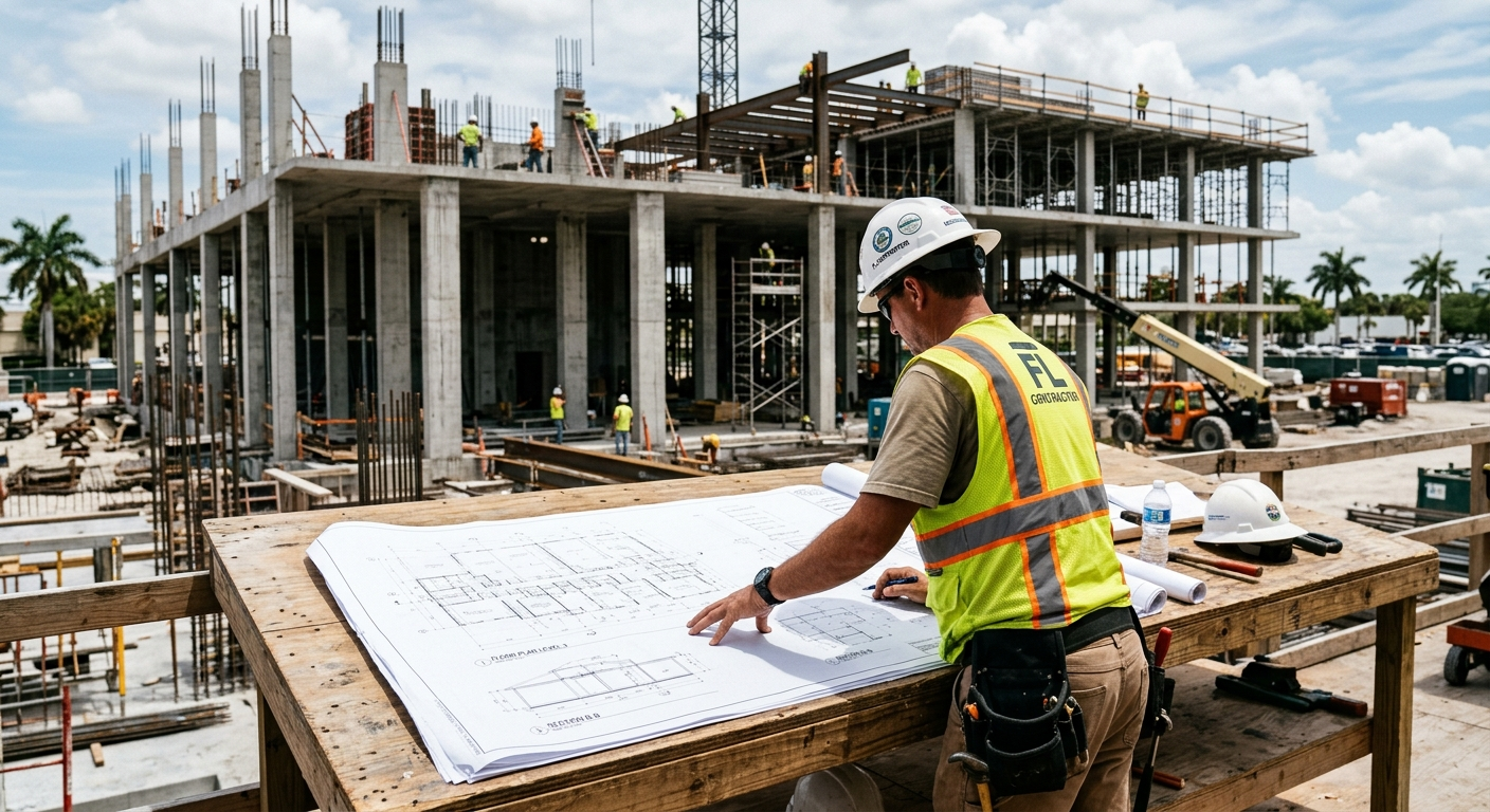 Florida contractor reviewing surety bond documents at a construction site office desk