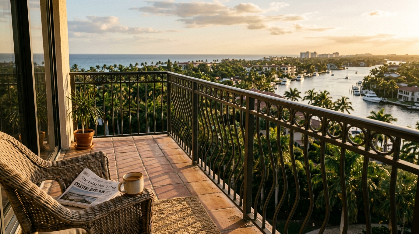 Boca Raton high-rise condo balcony with palm trees and Intracoastal view at late afternoon