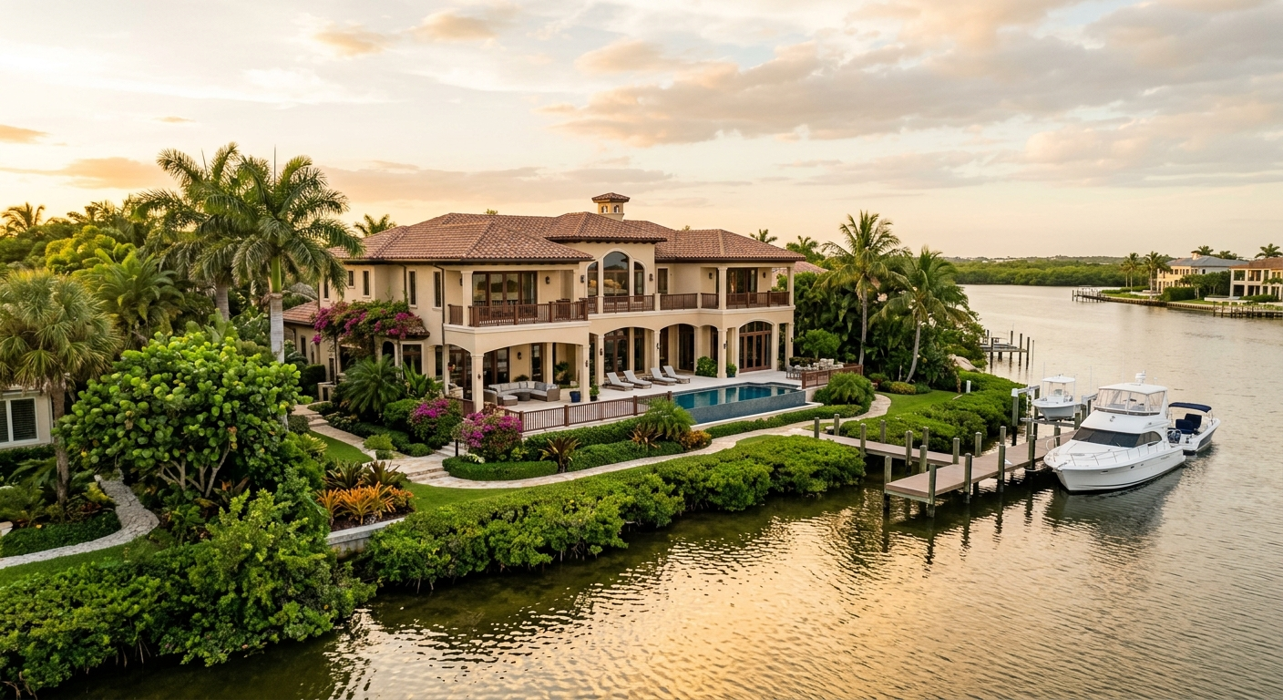 Aerial view of a luxury oceanfront home on a narrow barrier island in Highland Beach, Florida, with blue Atlantic water on