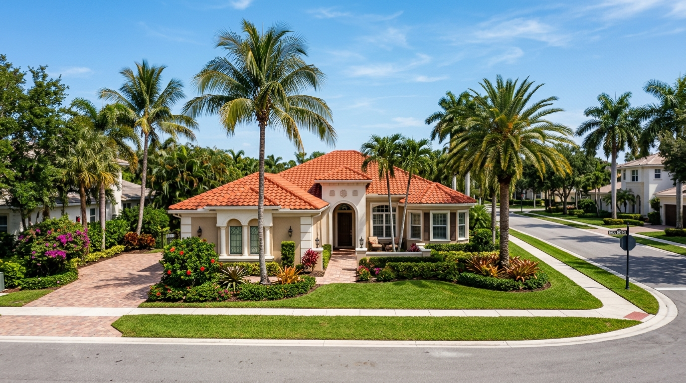 Aerial view of a residential neighborhood in Boca Raton, Florida with palm trees and tiled rooftops on a sunny day