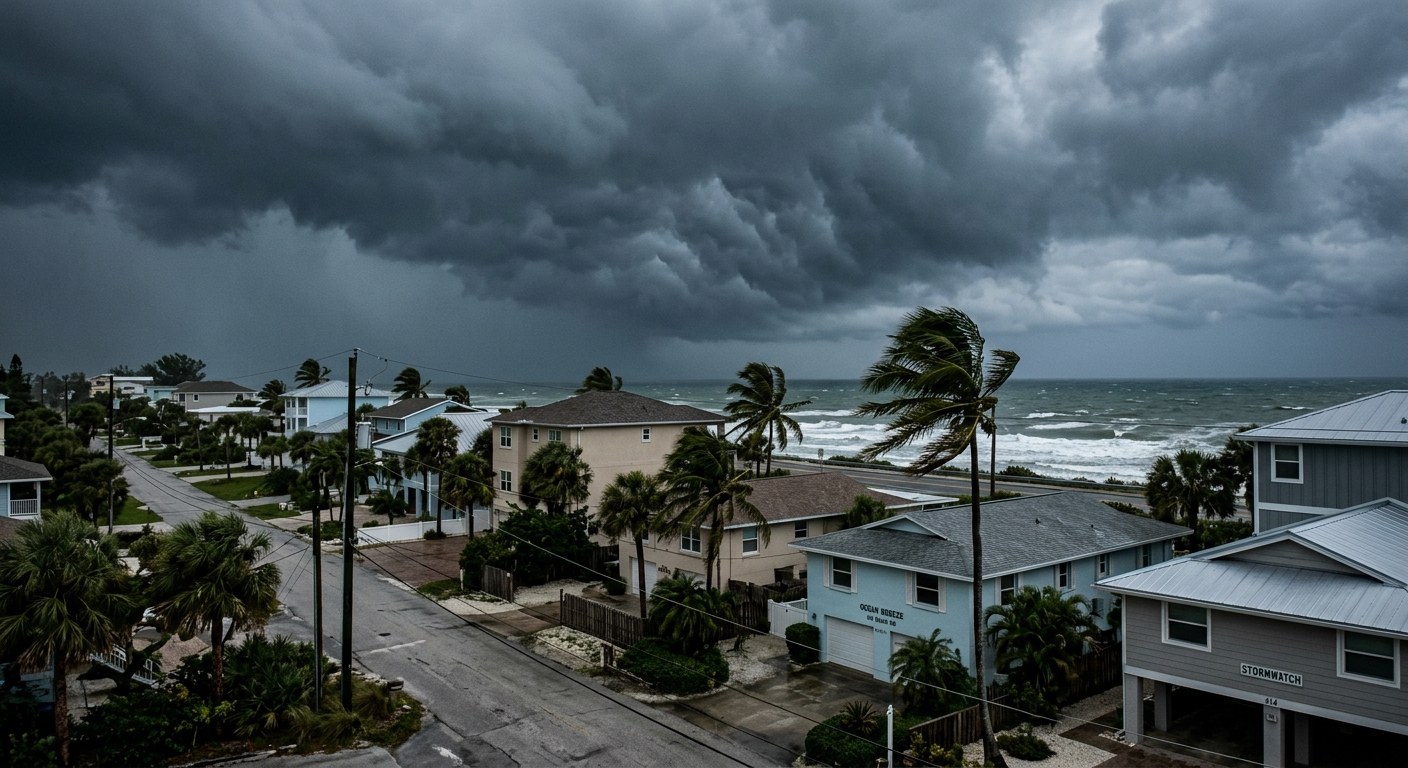 Aerial view of a Boca Raton neighborhood with palm trees bending in strong storm winds under a dark hurricane sky