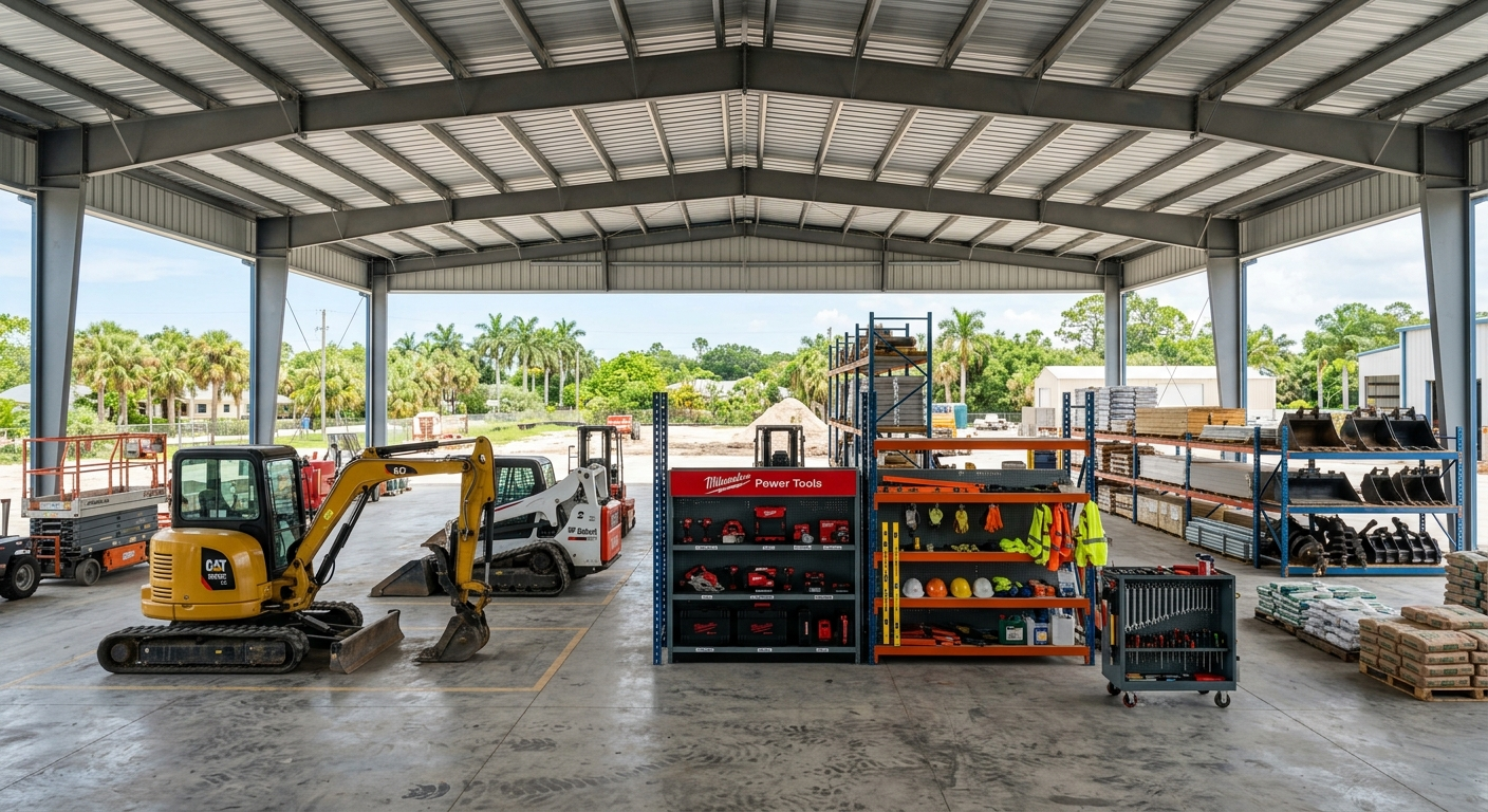 Contractor loading power tools and equipment into a truck at a Florida job site on a sunny morning