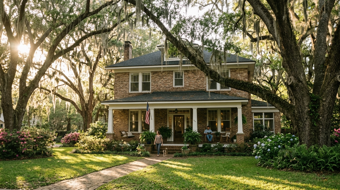 Two-story brick home framed by tall live oaks draped in Spanish moss in late afternoon Tallahassee light