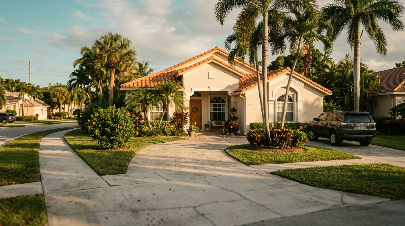 Single-family Boca Raton home with tile roof and palm trees at golden hour