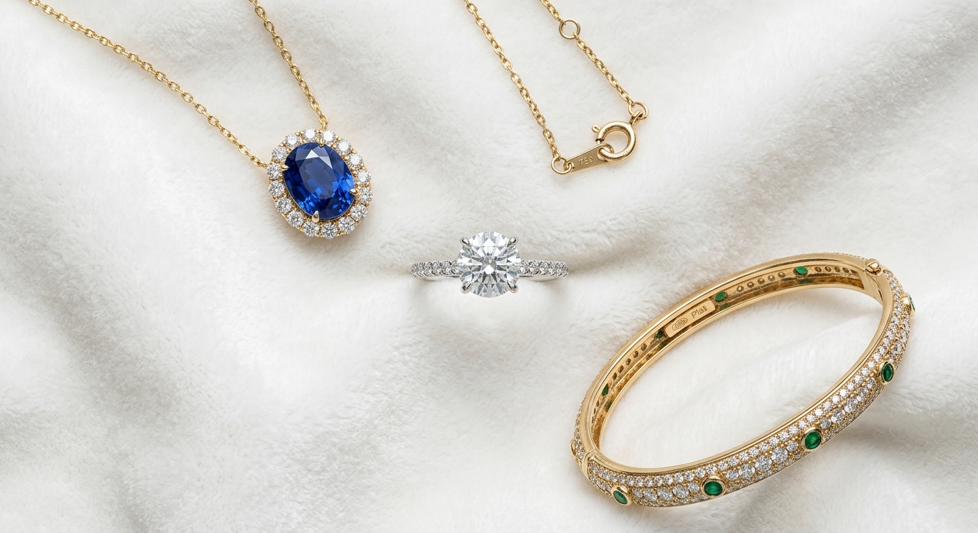 Close-up of a diamond engagement ring and pearl necklace resting on a soft surface near a sunny Florida window