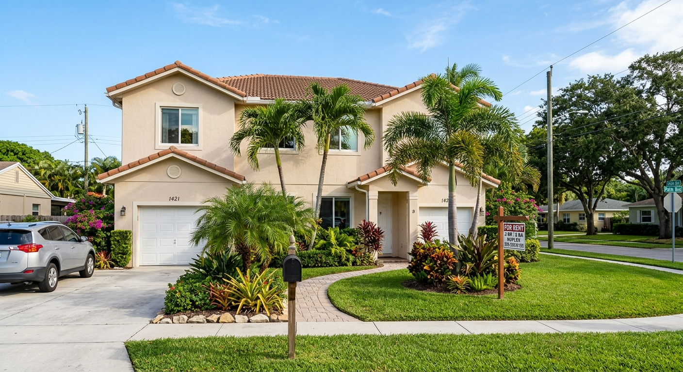 Aerial view of a Florida single-family rental home with a tile roof surrounded by palm trees on a sunny day