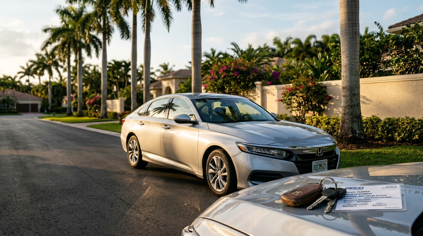Silver sedan parked on a Boca Raton residential street at golden hour with palms