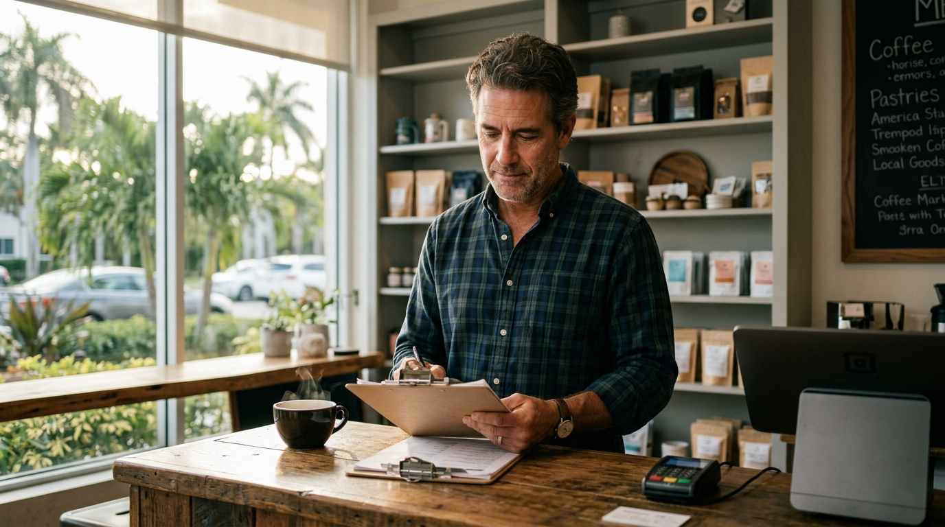 Boca Raton small business owner reviewing a clipboard at his storefront counter in morning light
