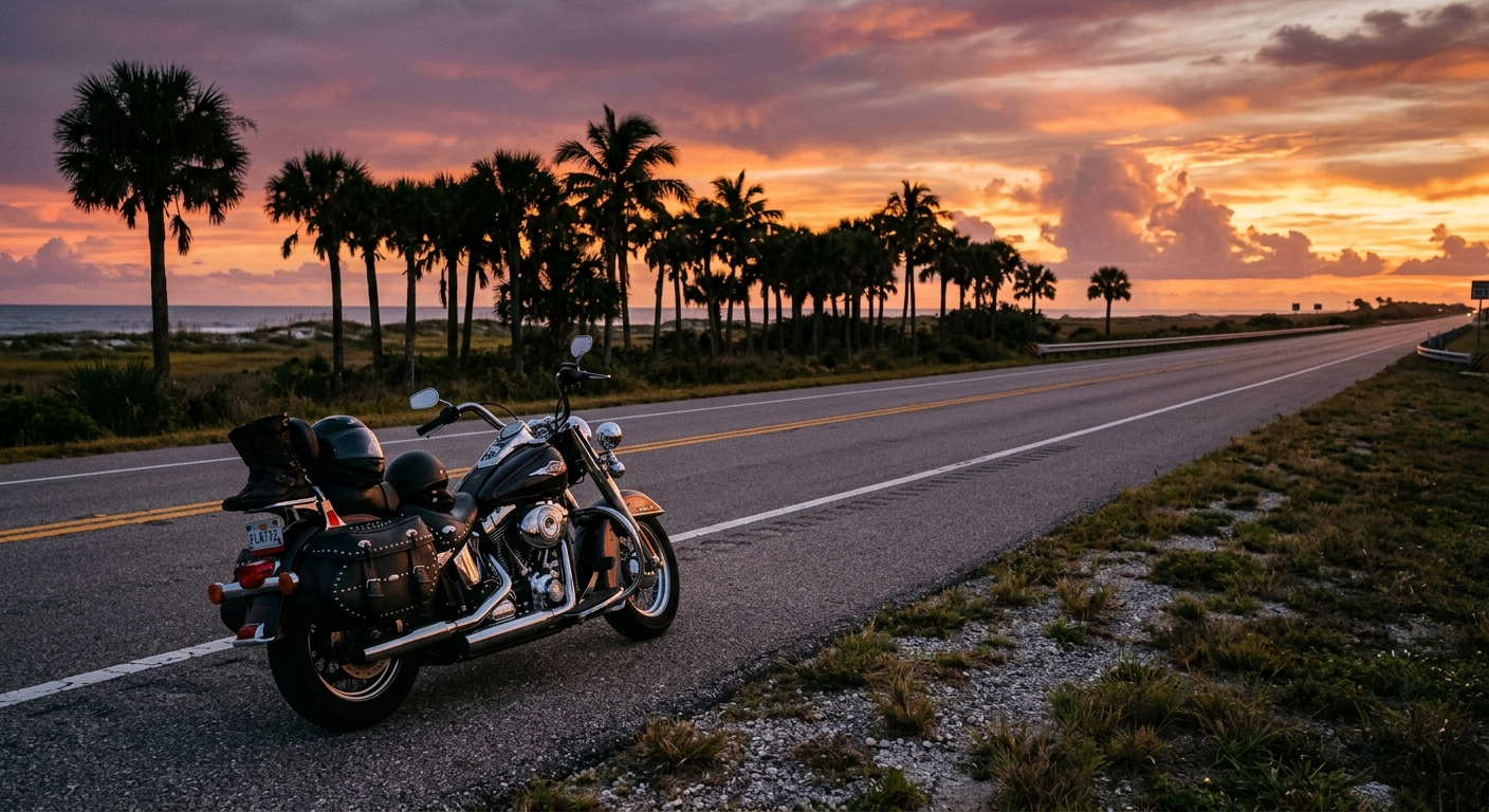 Motorcyclist riding on a sunny Florida coastal highway with palm trees and blue sky in the background