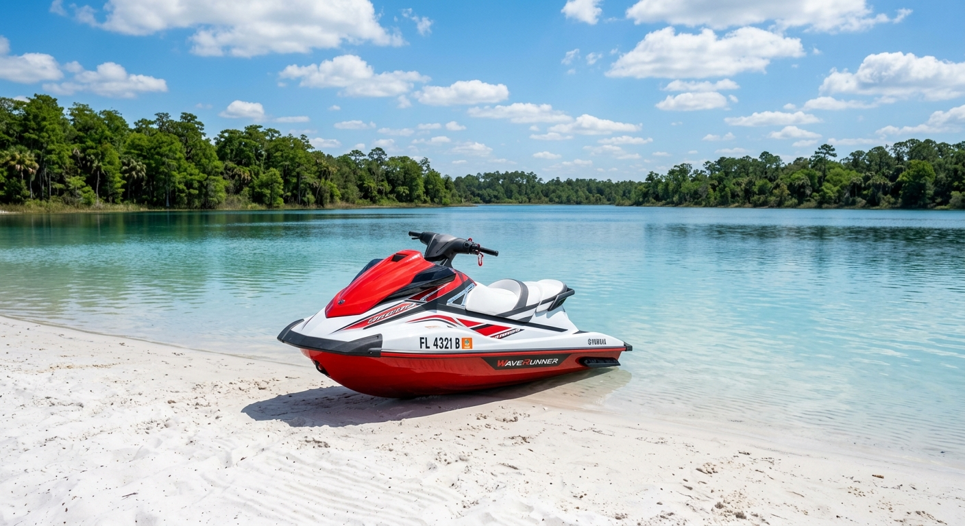 Person riding a Jet Ski at high speed on blue Florida coastal waters with a clear sky overhead