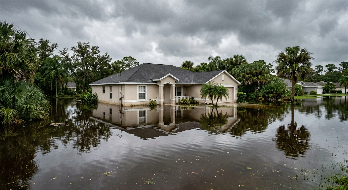 Flooded residential street in Florida with water covering lawns and driveways after a heavy rainstorm