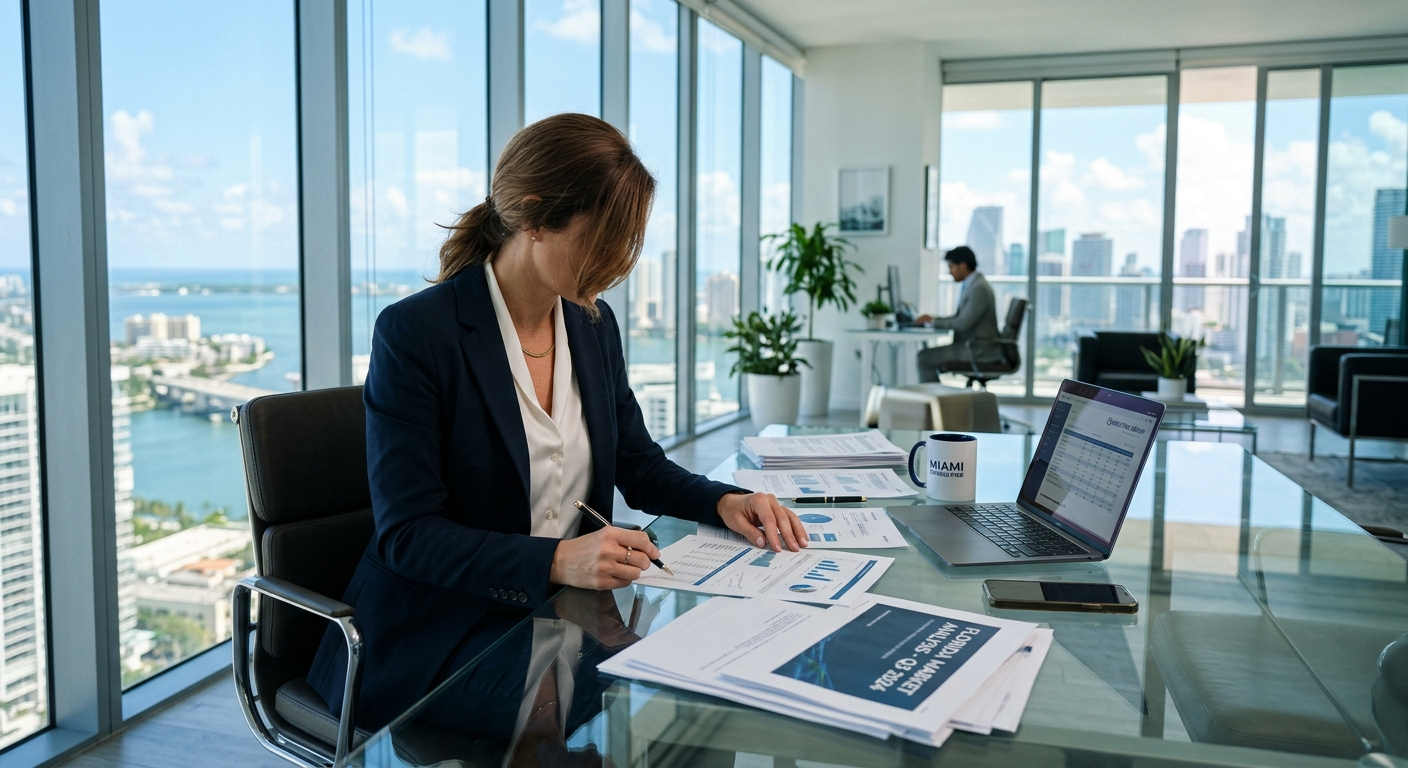 Florida business professional reviewing insurance documents at a desk in a modern office
