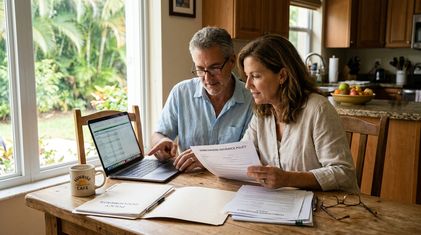 Couple at a sunlit South Florida kitchen table reviewing printed insurance documents and a laptop together