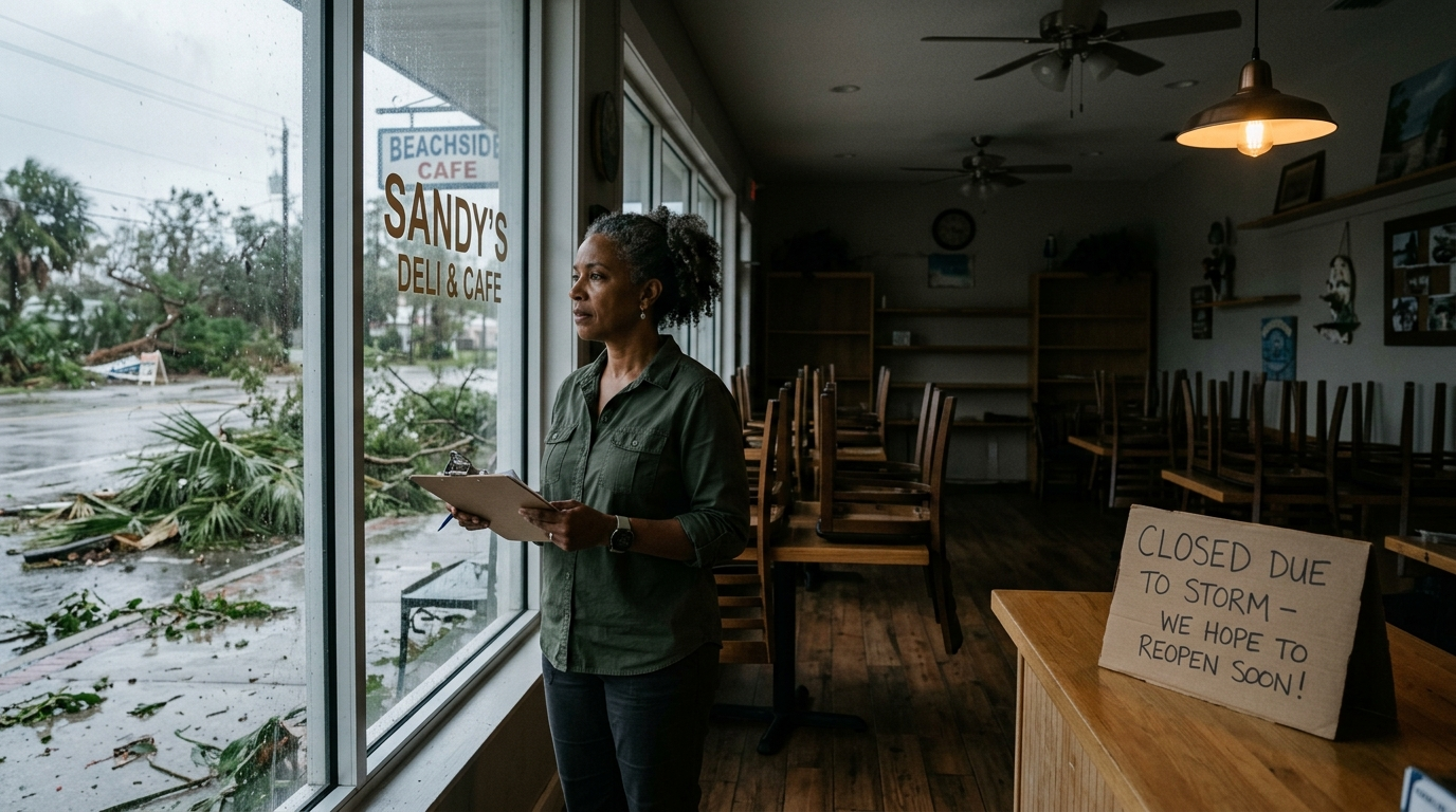 Florida cafe owner inside a closed coastal storefront after a hurricane, looking at storm debris on a wet sidewalk