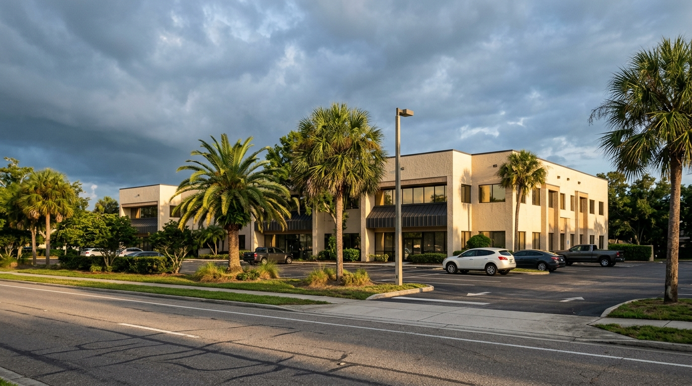 Florida low-rise commercial office building with palm trees and parking lot at golden hour