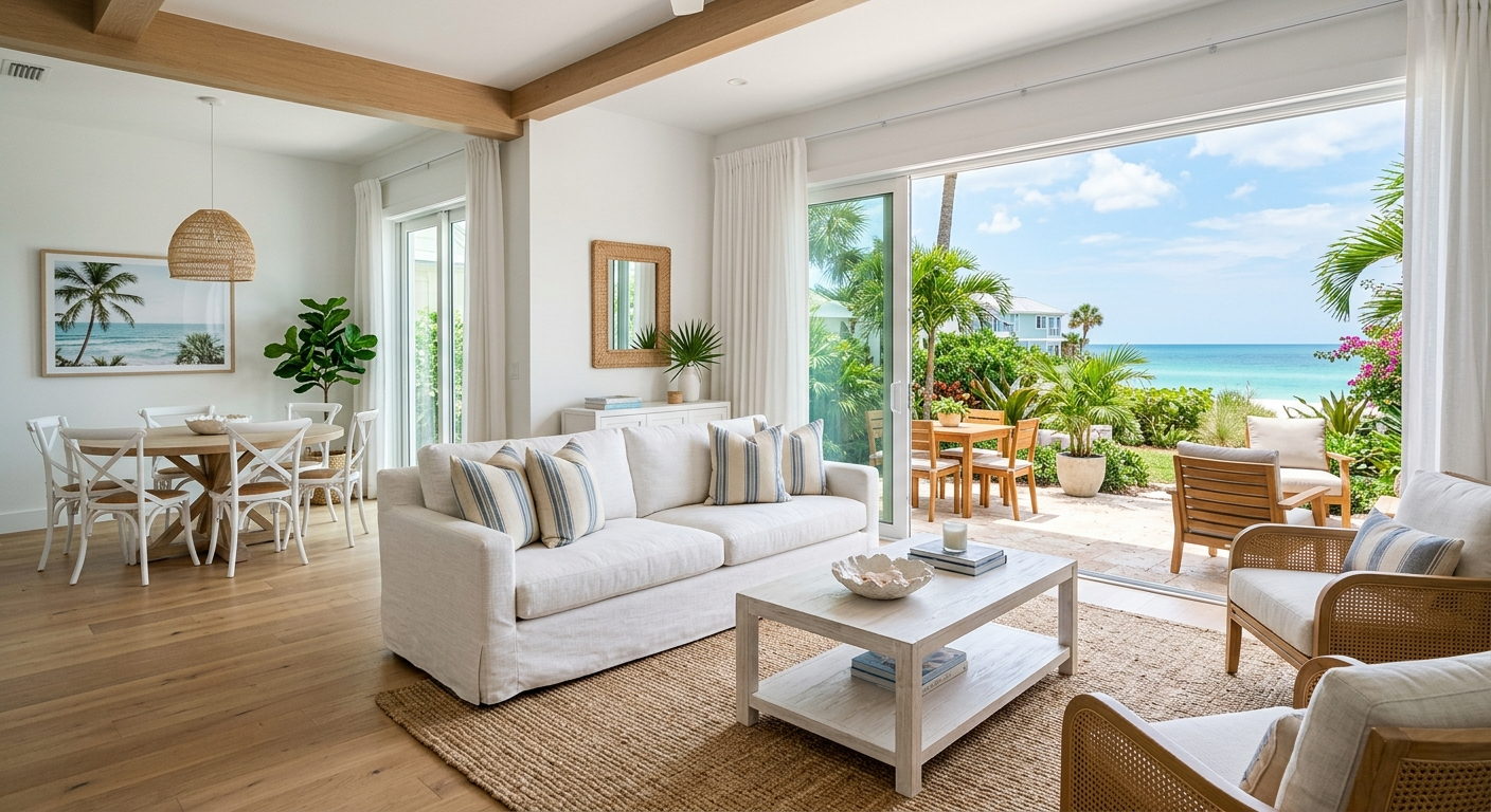 Aerial view of a sunny Florida vacation rental home with a pool and palm trees in a coastal neighborhood