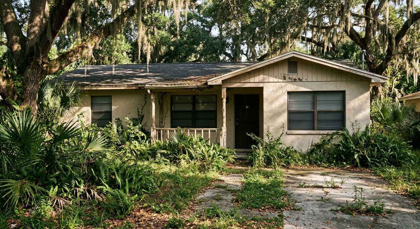 Empty sunlit living room of a vacant Florida home with tile floors and hurricane shutters on the windows