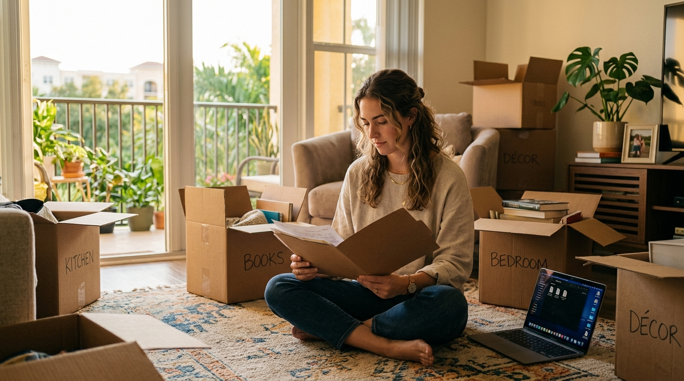 Young woman in Boca Raton apartment reviewing paperwork on rug surrounded by moving boxes
