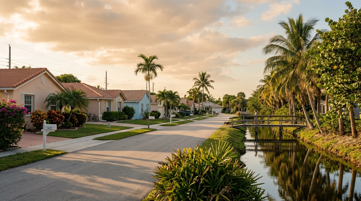 Quiet South Florida coastal residential street with a drainage canal and palms at late afternoon