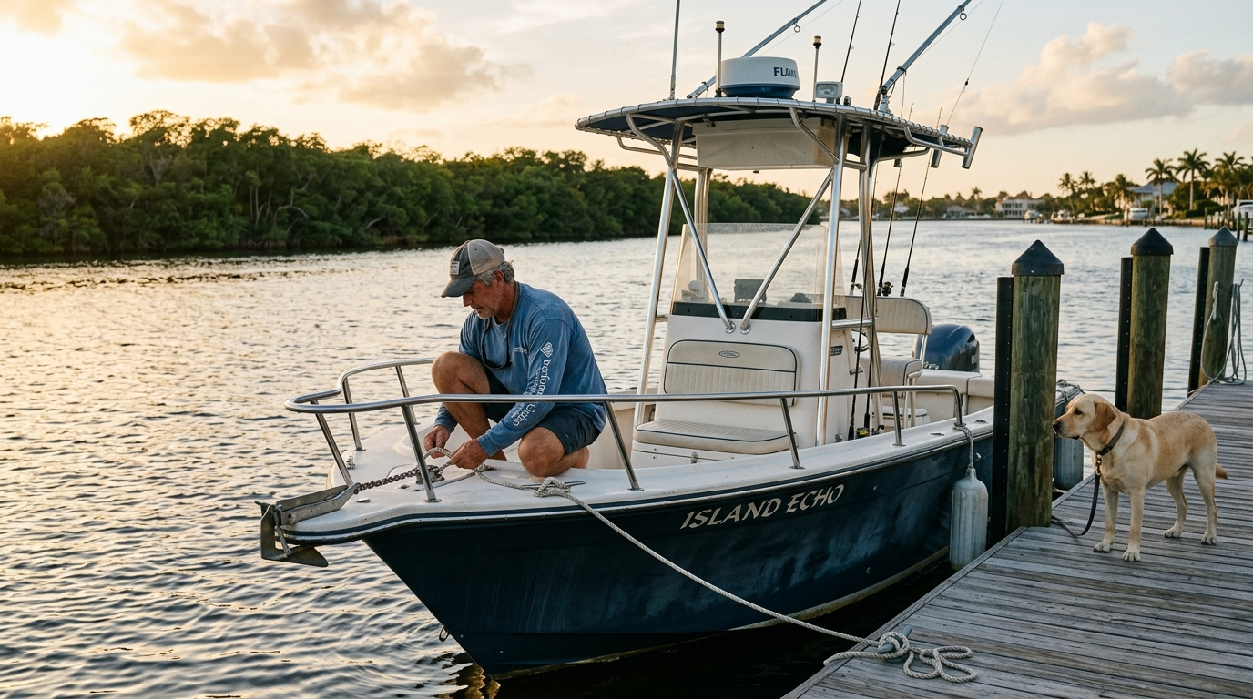 Center-console fishing boat tied at a private dock on the Intracoastal at golden hour