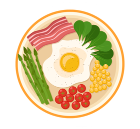 A plate with a fried egg, bacon strips, green asparagus, small tomatoes, spinach leaves, and yellow corn kernels.