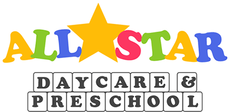 Logo for All Star Daycare & Preschool featuring a large yellow star above colorful text and black letter blocks.