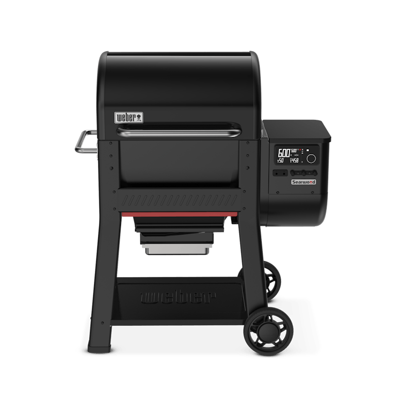 A black wood pellet grill with wheels on a white background.