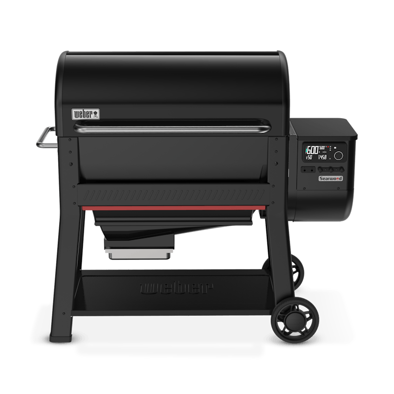 A black wood pellet grill with wheels on a white background.