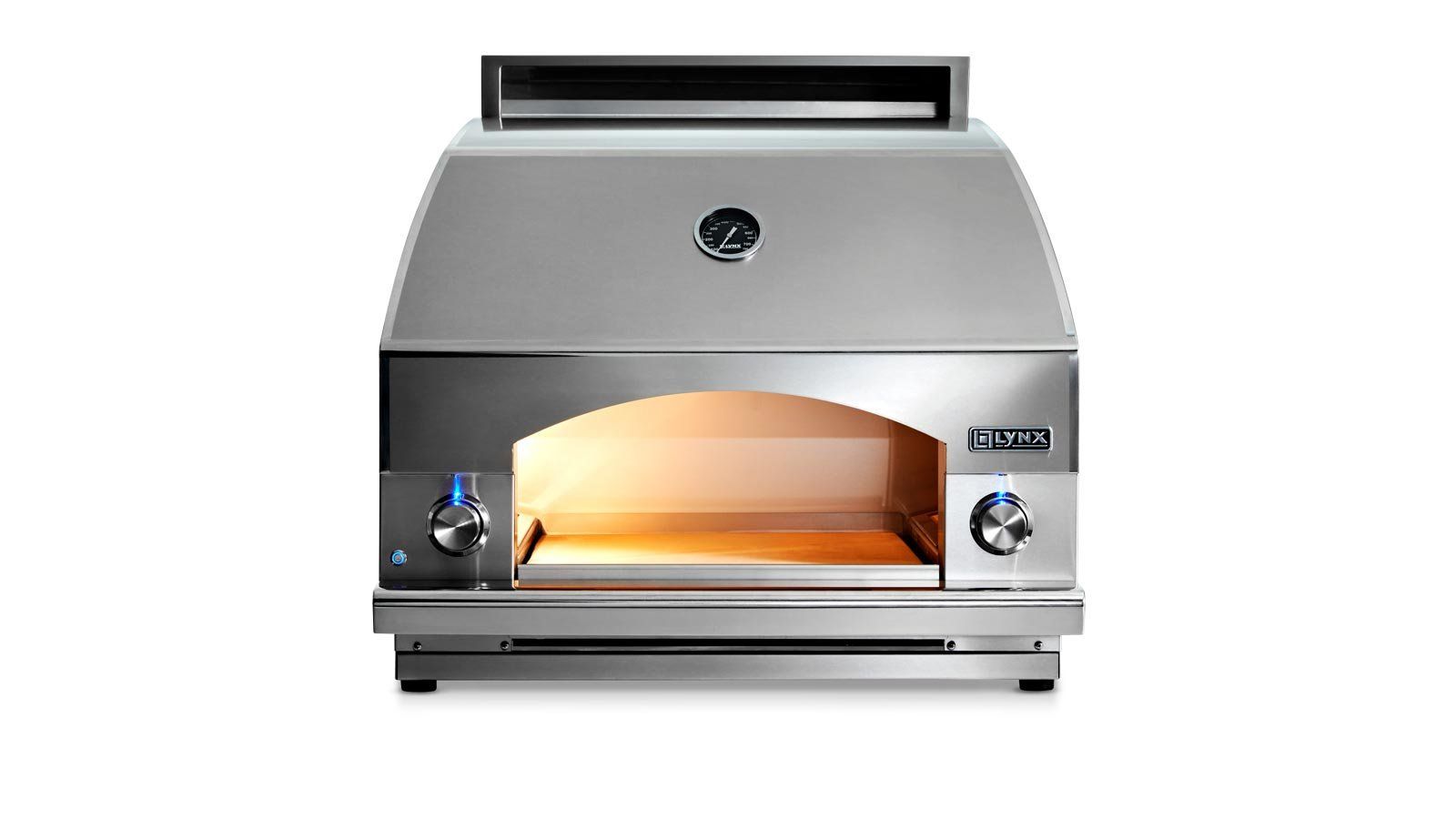 a stainless steel pizza oven with a chimney on top