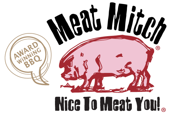 Meat Mitch BBQ logo: pink pig, black text